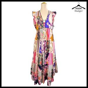 Anthropologie Silk Feel Patchwork Midi Dress 6 Boho Tiered Flutter Sleeve Ruffle